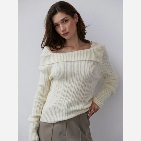 Cream Partial Off Shoulder Sweater – Soft Ribbed Knit - Picture 1 of 9